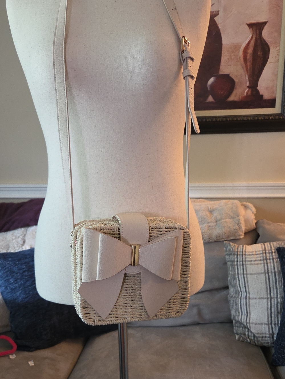 Woven Crossbody Bag with Decorative Bow - Cream
